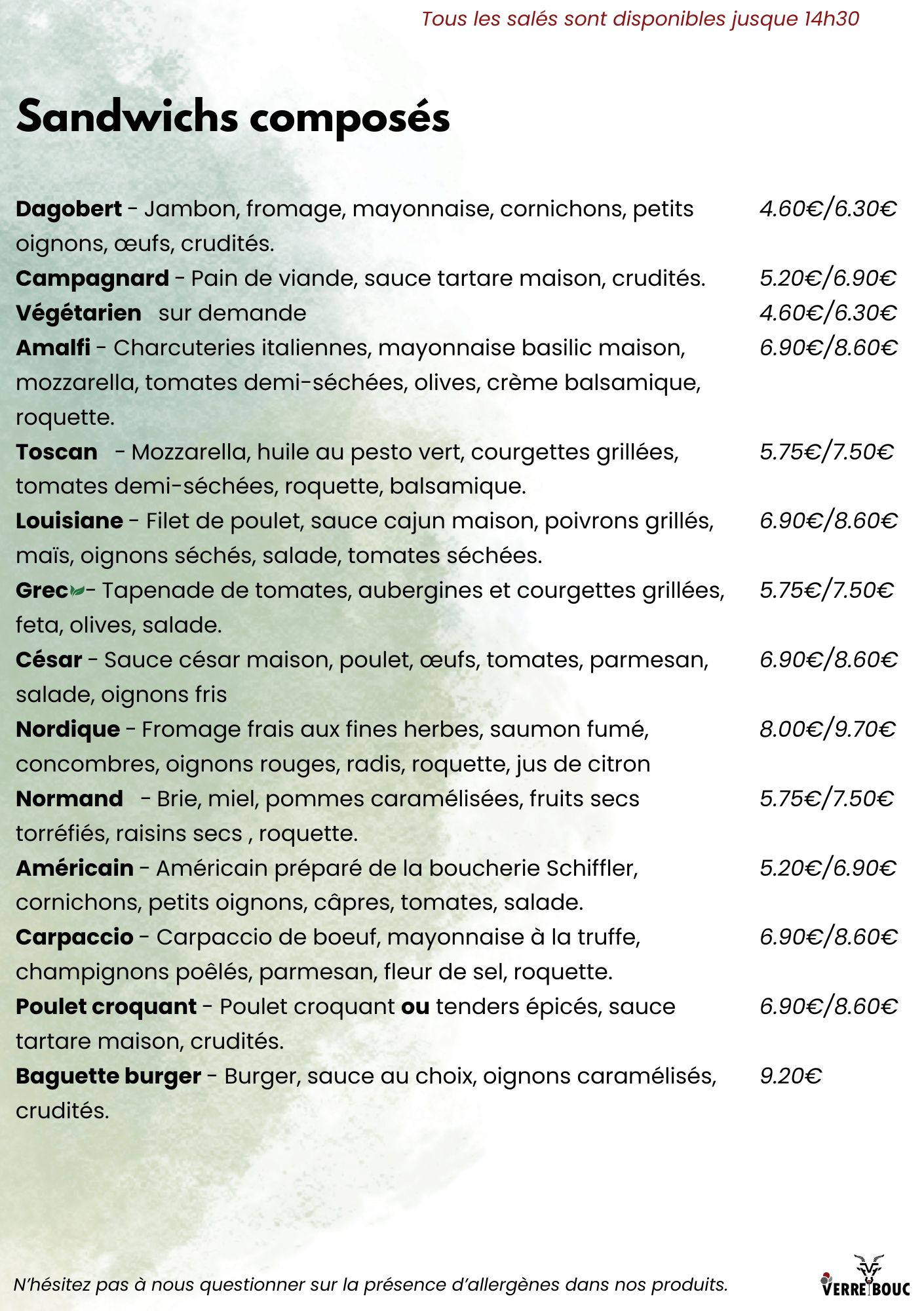 Menu - Sandwichs classiques